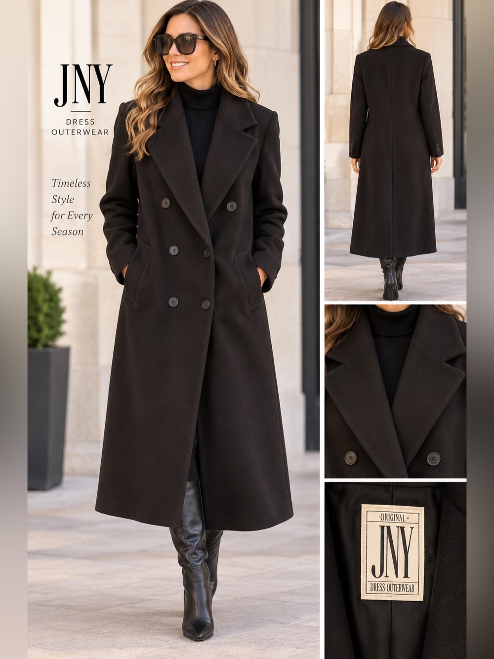 Jones New York Double-Breasted Long Trench Coat in Black
